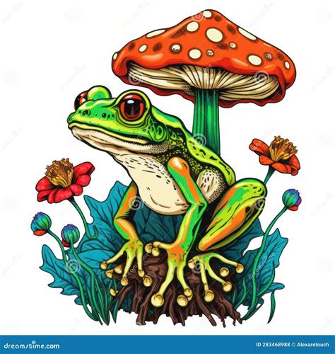 Drawing of a Cute Frog with a Mushroom for a Children S Book or ...