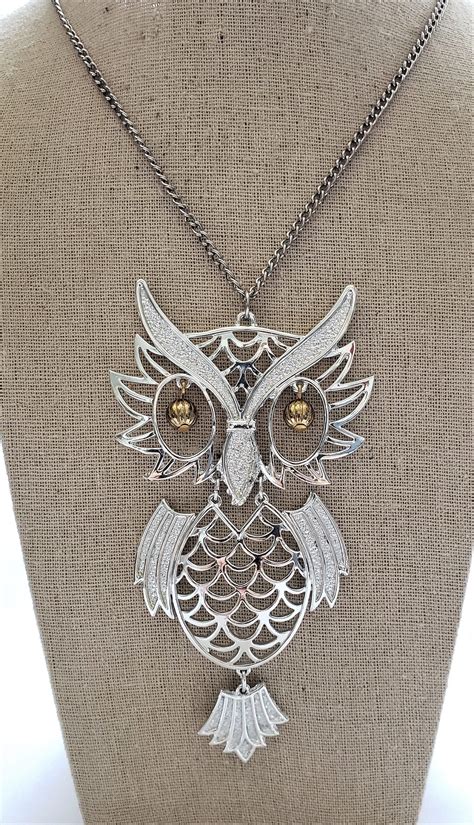 Large Silver Gold Tone Owl Pendant Necklace Jointed Articulated Vintage