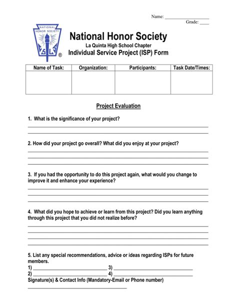 National Honor Society Individual Service Project Isp Form Project