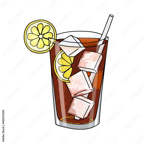 Glass Of Long Island Ice Tea Cocktail Ice Cubes And Lemon Slice Hand