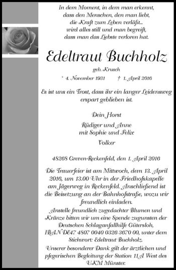 Traueranzeigen Von Edeltraut Buchholz Trauer Ms