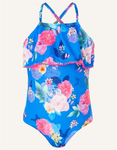 Floral Print Frill Swimsuit Blue Girls Beach And Swimwear Monsoon Uk