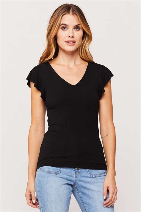 Rochelle Black Ruffle Sleeve V Neck Top In 2020 Tops Black Ruffle V Neck Tops