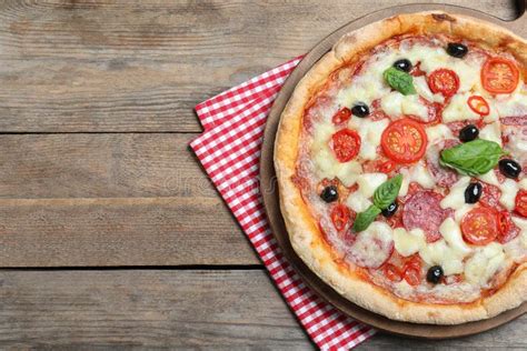 Delicious Pizza Diablo On Table Top View Space For Text Stock Image