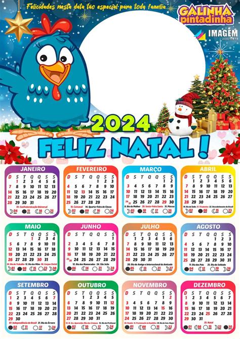 Calendário 2024 De Feliz Natal Galinha Pintadinha Png Com Fases Da Lua