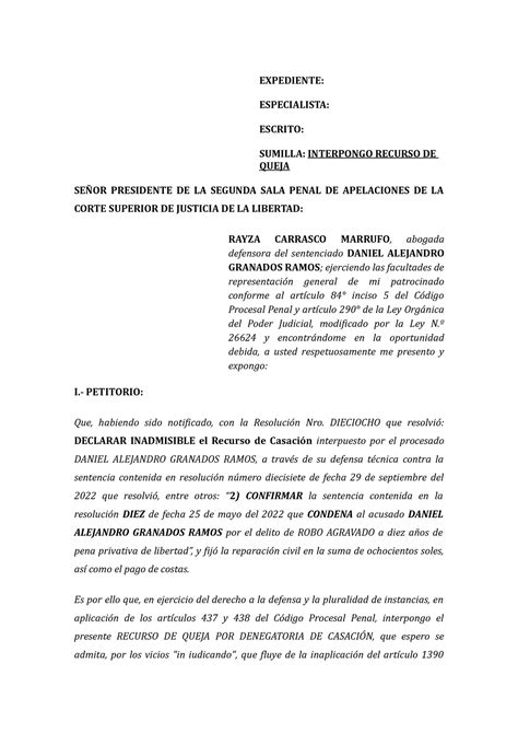 Queja Daniel Granados Expediente Especialista Escrito Sumilla