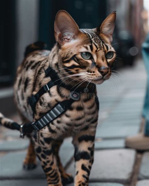 A Cat Walking Down A Sidewalk With A Harness On Ai Generative Image