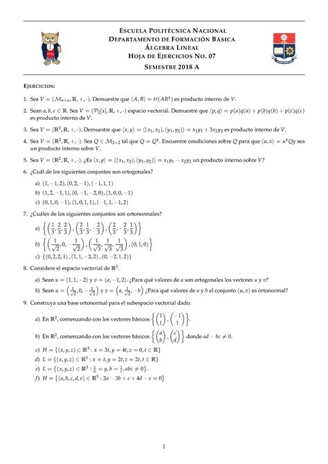 Hoja Algebra Lineal Escuela Polit Cnica Nacional Departamento De