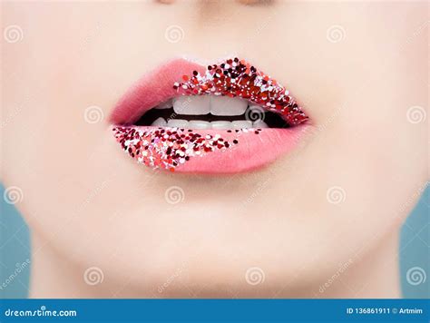 Beautiful Female Lips Closeup Perfect Female Mouth With Glitter