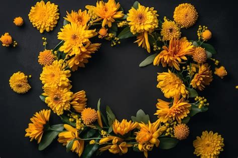 Premium Ai Image A Wreath Of Yellow Flowers On A Black Background