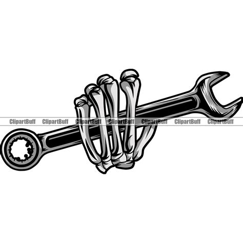 Skull Hand Holding Wrench Skeleton Garage Work Machine Engineering