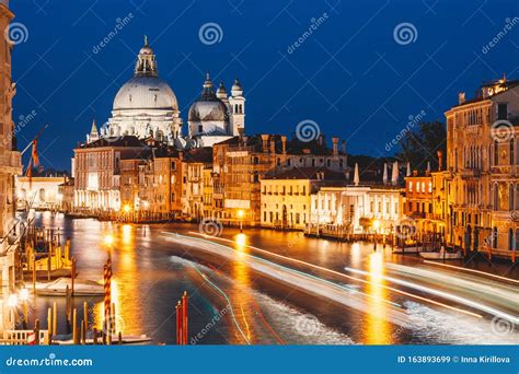 Grand Canal At Night Basilica Santa Maria Della Salute Venice Italy Night City Stock Image