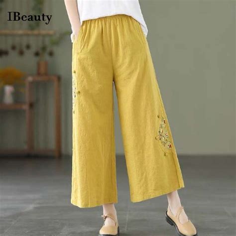 Ibeaauty Embroidered Linen Pants For Women Plus Size Retro Elastic