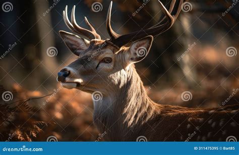 Sunset Close Up Photo Of Fallow Deer Dama Dama On Blurry Forest