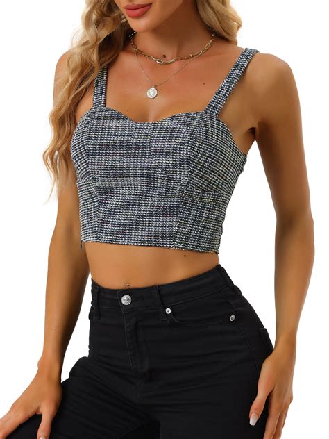 Allegra K Tweed Crop Top For Women S Plaid Sweetheart Neck Bustier