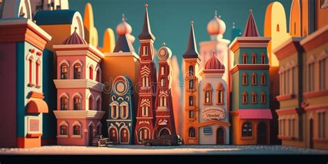 Colorful Cartoon Style Russian Town With Cozy Houses And Onion Shaped