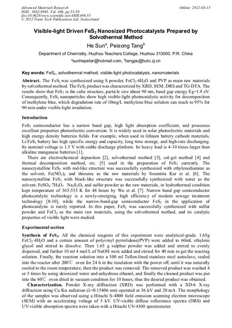 Visible Light Driven Fes2 Nanosized Photocatalysts Prepared By