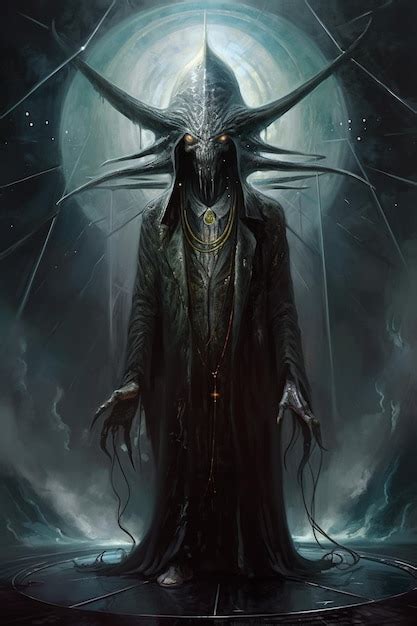 Premium AI Image | A dark fantasy art with a man in a black coat and a large skull on his head.