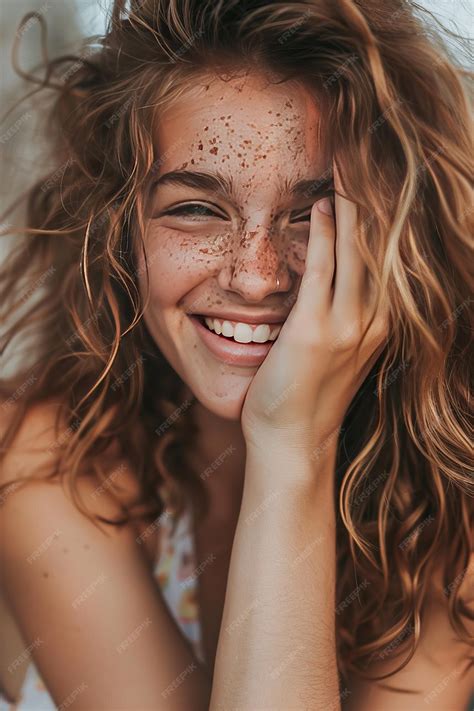 Premium Photo A Joyful Woman With Freckles Smiles Radiantly Her Face Illuminated By Happiness