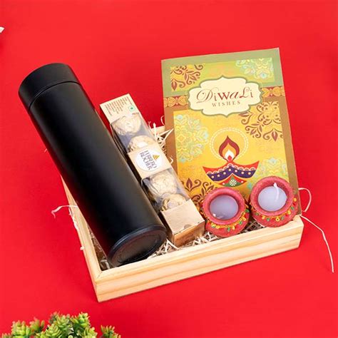 Send Temperature Bottle With Matka Diyas Diwali Corporate Gift Hamper