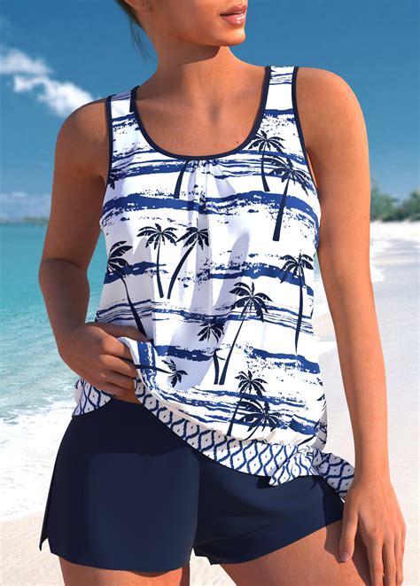 Plus Size Mid Waisted Patchwork Navy Tankini Set Modlily Usd