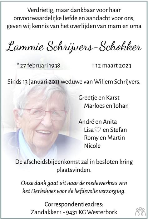 Lammie Schrijvers Schokker Overlijdensbericht En