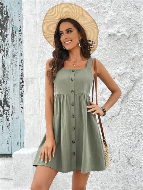 Emery Rose Solid Button Front Cami Dress Shein Usa