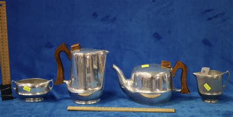 Lot PICQUOT WARE TEA COFFEE POTS WITH TEAK HANDLES SUGAR BOWL