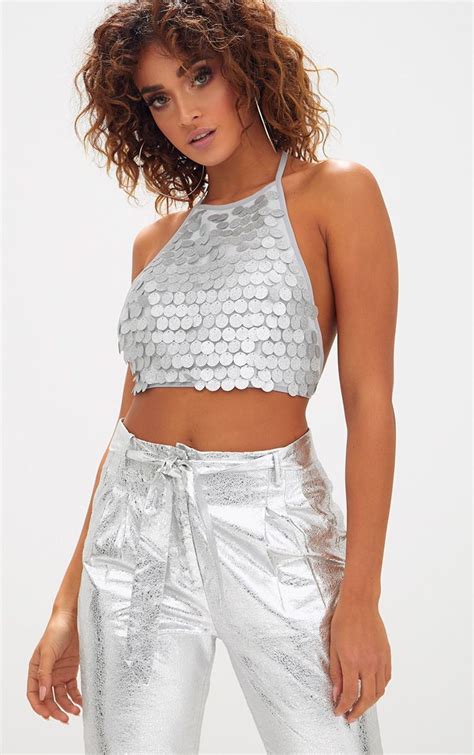 Liberty Green Sequin Disc Halterneck Crop Top Crop Tops Tops Sequin