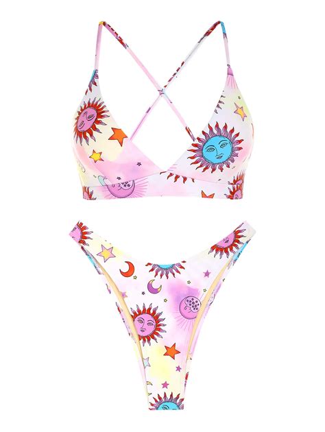 ZAFUL Sun And Moon Star Print Lace Up Bikini Swimwear