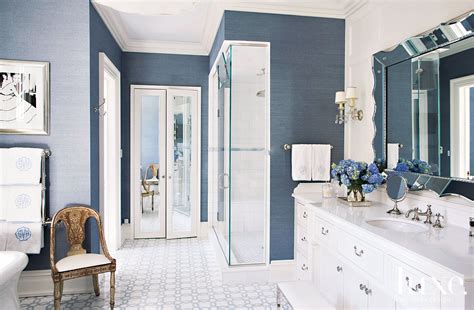 Traditional Blue Bathroom with Grasscloth Wallcovering - Luxe Interiors ...