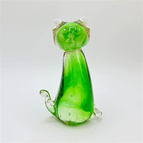 Art Glass Green Cat Paperweight Figurine Vintage Cute Etsy