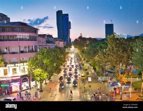 Tirana At Night The Capital City Of Albania Stock Photo Alamy