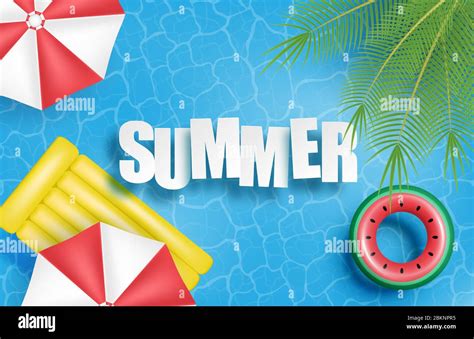 Summer Banner Or Poster Swimming Pool With Palm Umbrella Inflatable