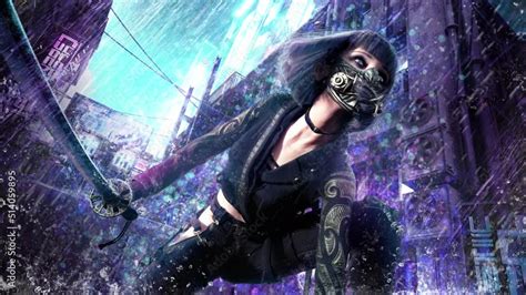 A Beautiful Ninja Girl In The Cyber Punk Style Boldly Looks Forward A