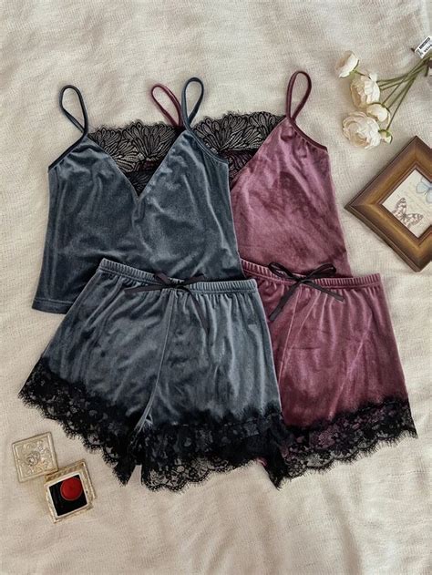 2sets Eyelash Lace Panel Velvet Cami Top And Shorts Pj Set Velvet Cami