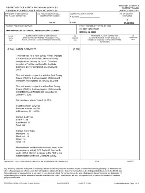 Fillable Online PDF Statement Of Deficiency With Plan Of Correction