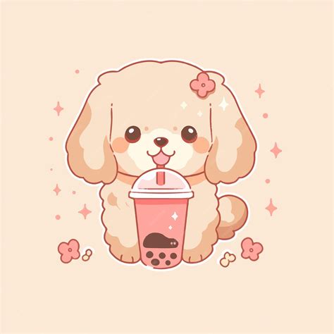 Kawaii Mignon Chien Heureux Chiot Boisson Thé à Bulles Dessin Animé ...