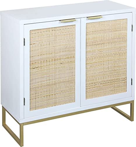 A White Cabinet With Wicker Doors And Gold Handles On The Bottom