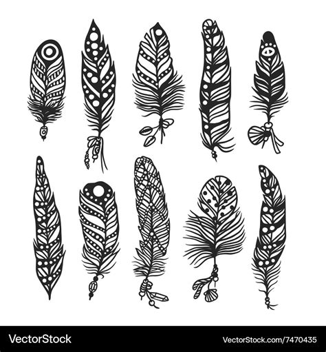 Boho Feather Hand Drawn Effect Style Royalty Free Vector