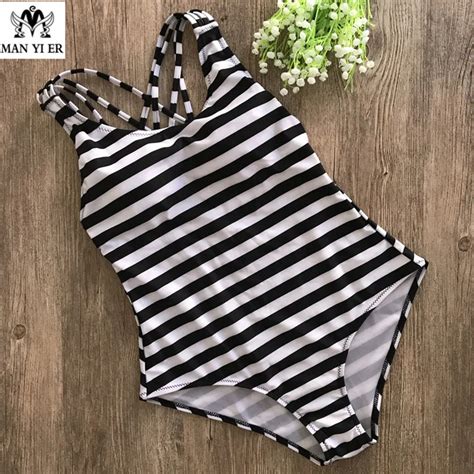 Manyie Sexy Woman One Piece Swimsuit Black And White Striped Swimwear