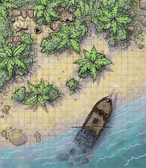 Fantasy Beach Map: Shipwreck D&D Map with Camp, Jungle, Palm Trees, and ...