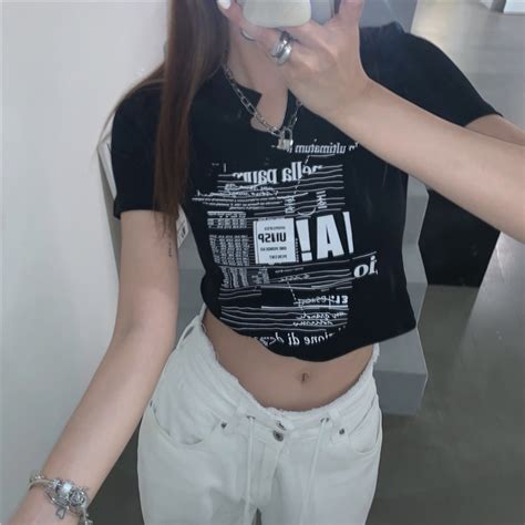 Jual Womens Short Sleeve Letters Print Crop Top 2204 M L Xl Shopee