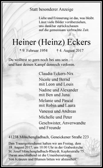 Alle Traueranzeigen F R Heiner Heinz Eckers Trauer Rp Online De