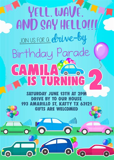 Printable Car Parade Virtual Birthday Party Invitation Template