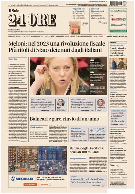 Journal Il Sole 24 ORE Italie Les Unes Des Journaux De Italie