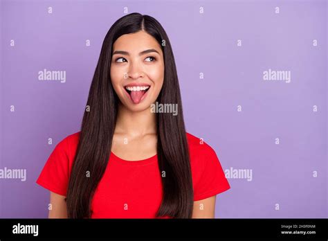 Photo Of Flirty Funky Woman Dressed Red T Shirt Smiling Showing Tongue