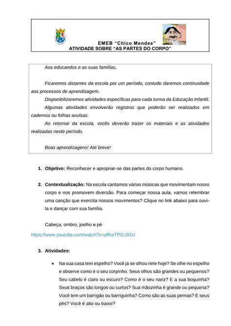 Pdf Emeb Chico Mendes Atividade Sobre As Partes Do Educacao