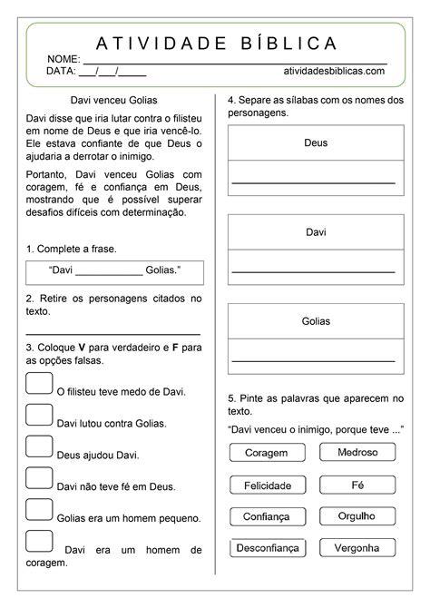 Davi E Golias Atividades - Atividades sobre Davi e Golias para imprimir - Atividades Bíblicas