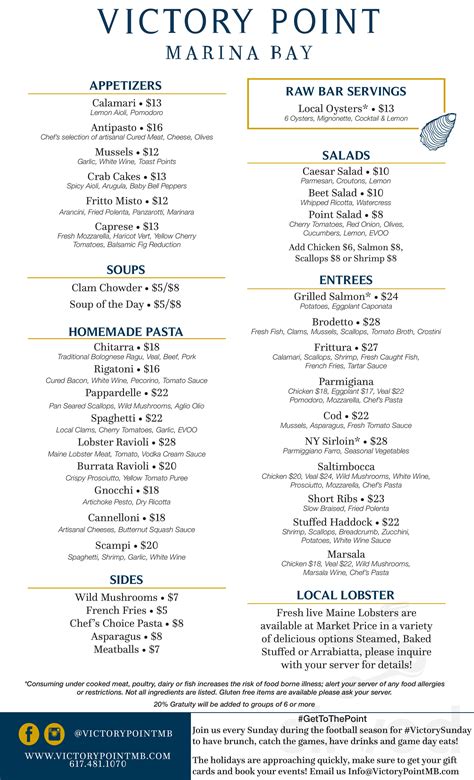 Victory Point Restaurant menu in Quincy, Massachusetts, USA